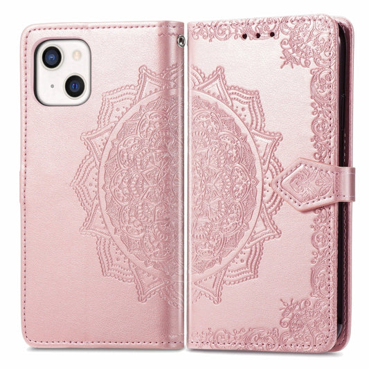 For iPhone 13 Mandala Flower Embossed Horizontal Flip Leather Case with Holder & Three Card Slots & Wallet & Lanyard (Rose Gold) by buy2fix