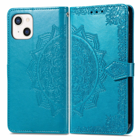 For iPhone 13 Mandala Flower Embossed Horizontal Flip Leather Case with Holder & Three Card Slots & Wallet & Lanyard (Blue) by buy2fix