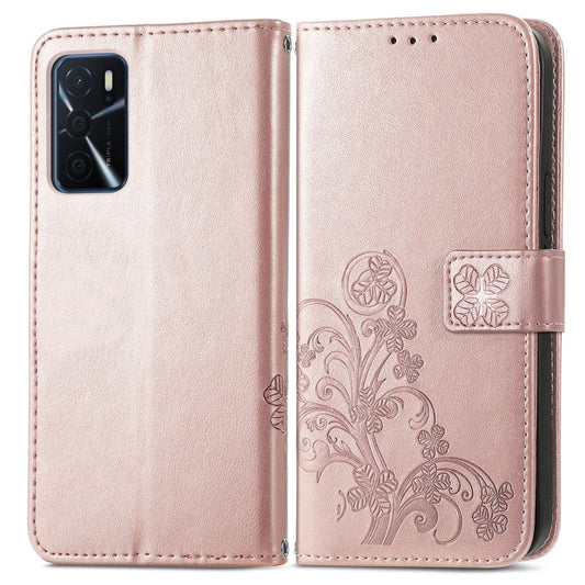 For OPPO A16 Four-leaf Clasp Embossed Buckle Leather Phone Case(Rose Gold) by buy2fix