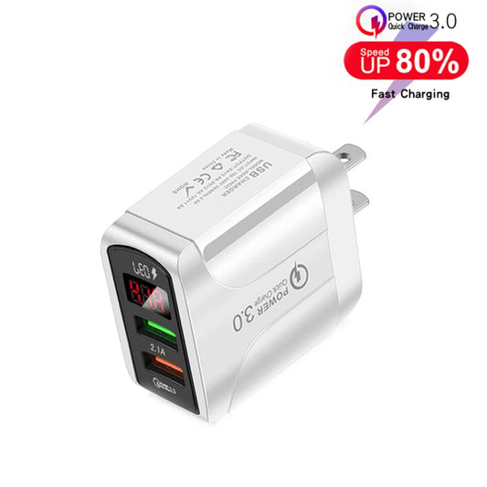 F002C QC3.0 USB + USB 2.0 LED Digital Display Fast Charger with USB to 8 Pin Data Cable, US Plug(White) by buy2fix