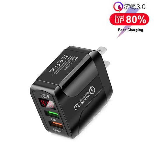 F002C QC3.0 USB + USB 2.0 LED Digital Display Fast Charger with USB to 8 Pin Data Cable, US Plug(Black) by buy2fix