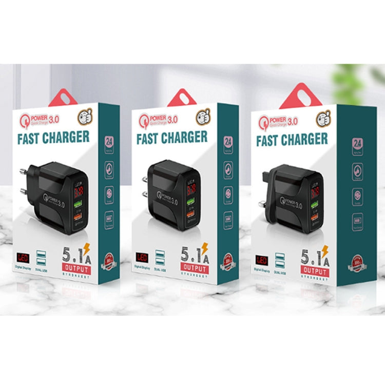 F002C QC3.0 USB + USB 2.0 LED Digital Display Fast Charger with USB to 8 Pin Data Cable, US Plug(Black) by buy2fix