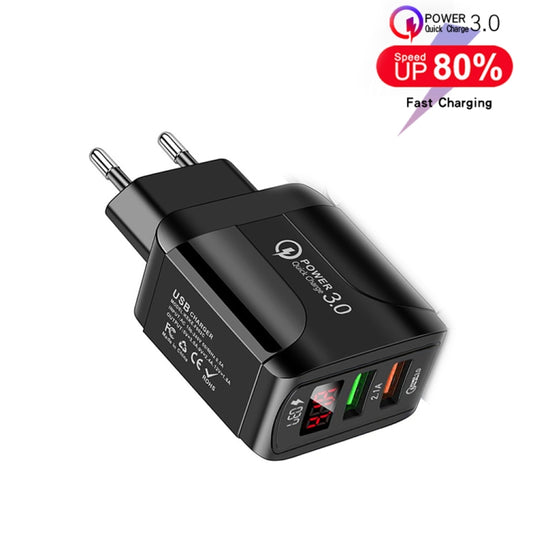 F002C QC3.0 USB + USB 2.0 LED Digital Display Fast Charger with USB to 8 Pin Data Cable, EU Plug(Black) by buy2fix