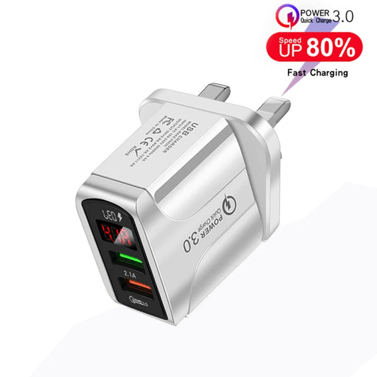 F002C QC3.0 USB + USB 2.0 LED Digital Display Fast Charger with USB to 8 Pin Data Cable, UK Plug(White) by buy2fix
