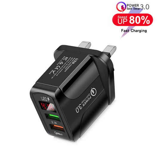 F002C QC3.0 USB + USB 2.0 LED Digital Display Fast Charger with USB to 8 Pin Data Cable, UK Plug(Black) by buy2fix