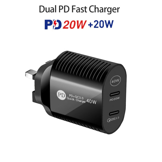 40W Dual Port PD / Type-C Fast Charger for iPhone / iPad Series, UK Plug(Black) by buy2fix