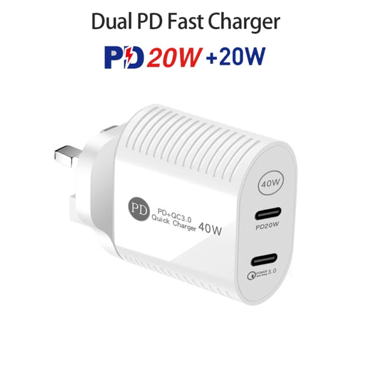 40W Dual Port PD / Type-C Fast Charger for iPhone / iPad Series, UK Plug(White) by buy2fix