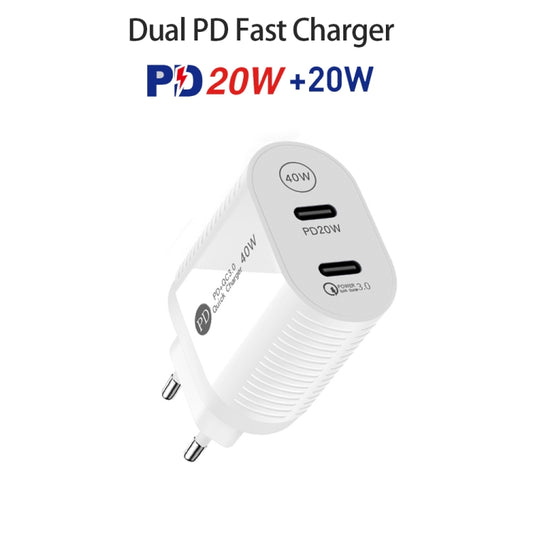 40W Dual Port PD / Type-C Fast Charger with Type-C to 8 Pin Data Cable, EU Plug(White) by buy2fix