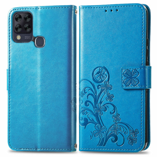 For Infinix HOT 10T Four-leaf Clasp Embossed Buckle Mobile Phone Protection Leather Case with Lanyard & Card Slot & Wallet & Bracket Function(Blue) by buy2fix