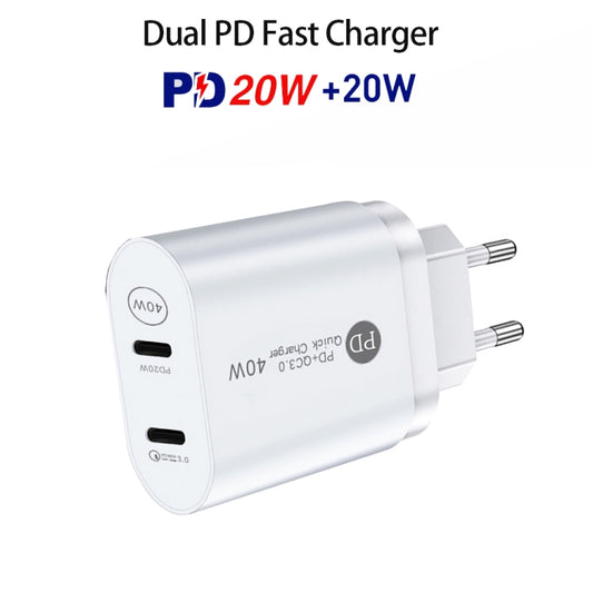002 40W Dual Port PD / Type-C Fast Charger with USB-C to 8 Pin Data Cable, EU Plug(White) by buy2fix