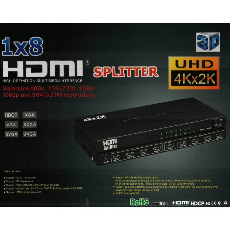 1 x 8 4K x 2K 3840*2160/30HZ HDMI Splitter by buy2fix