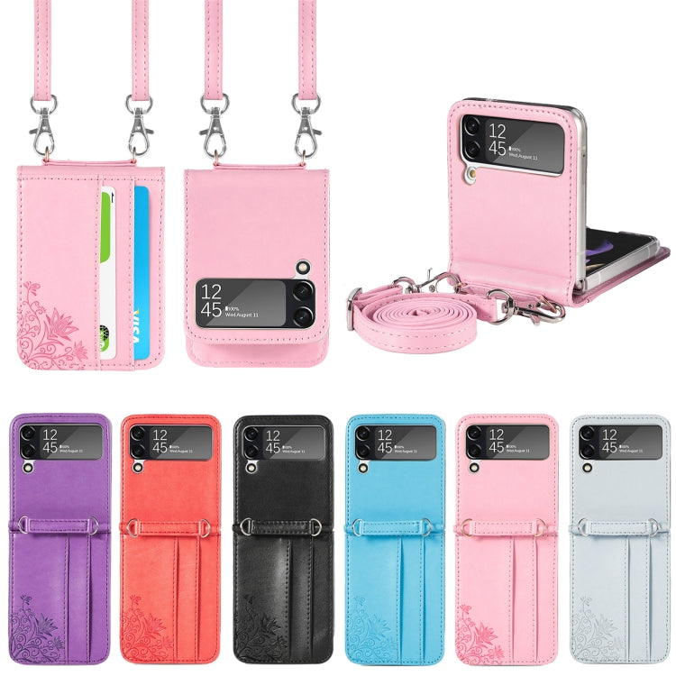 For Samsung Galaxy Z Flip 5G Diagonal Lanyard Embossed Card Phone Case(Pink) by buy2fix