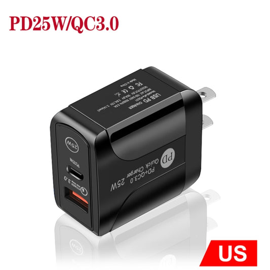 PD25W USB-C / Type-C + QC3.0 USB Dual Ports Fast Charger, US Plug(Black) by buy2fix