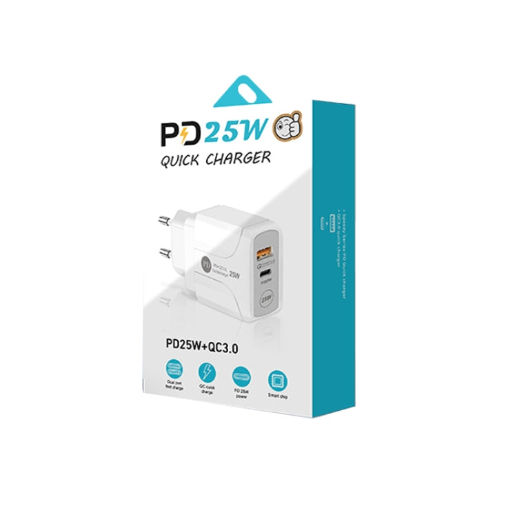 PD25W USB-C / Type-C + QC3.0 USB Dual Ports Fast Charger with USB-C to 8 Pin Data Cable, EU Plug(White) by buy2fix