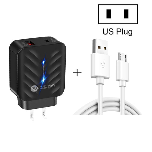 PD03 20W PD3.0 + QC3.0 USB Charger with USB to Micro USB Data Cable, US Plug(Black) by buy2fix