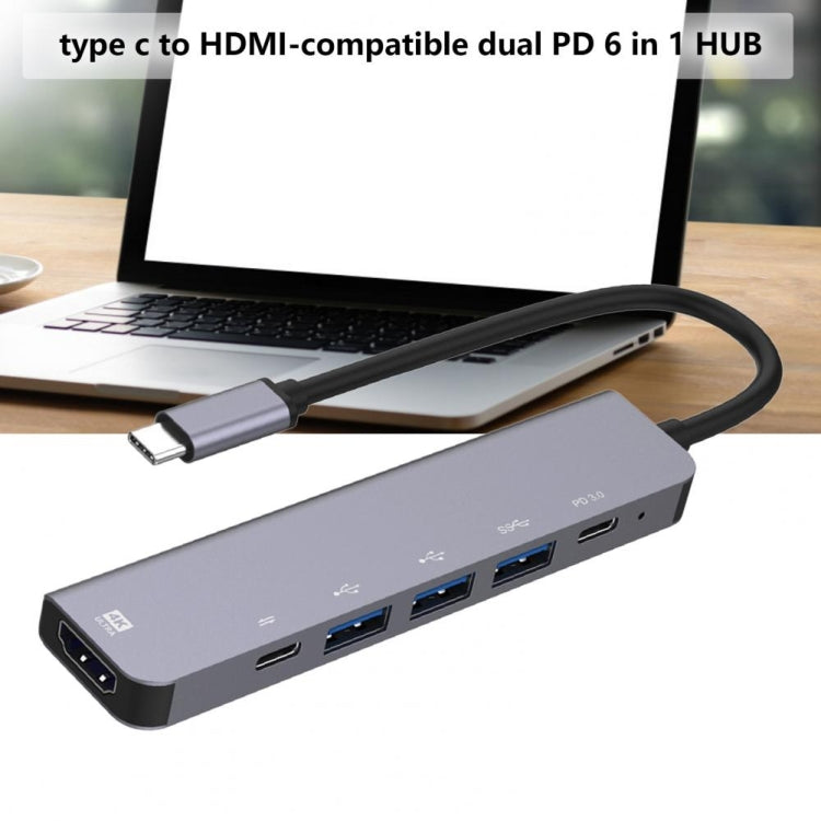6-in-1 Type-C to HDMI + PD + Type-C + USB3.0 + USB2.0 x 2 Docking Station HUB Adapter by buy2fix