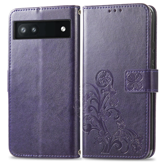 For Google Pixel 6a Four-leaf Clasp Embossed Buckle Leather Phone Case(Purple) by buy2fix