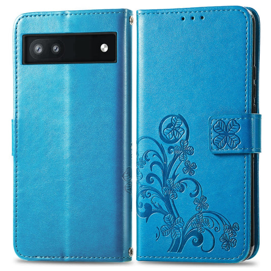 For Google Pixel 6a Four-leaf Clasp Embossed Buckle Leather Phone Case(Blue) by buy2fix
