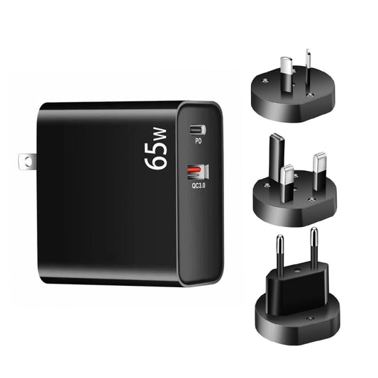 PD-65W USB-C / Type-C + QC3. 0 USB Laptop Charging Adapter + 1.8m USB-C / Type-C to MagSafe 2 / T Head Data Cable, EU Plug / AU Plug / UK Plug / US Plug(Black) by buy2fix