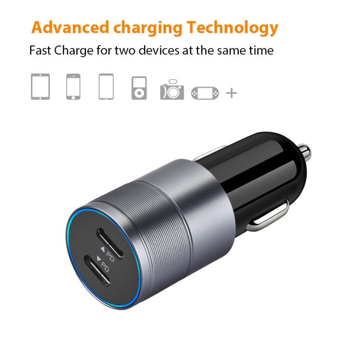 Dual PD 3.0 40W Type-C Car charger with 1m Type-C to Type-C Data Cable(Grey) by buy2fix