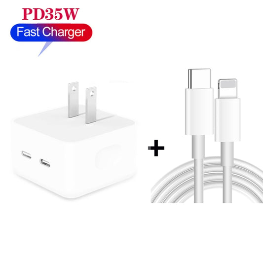 PD 35W Dual USB-C / Type-C Ports Charger with 1.5m Type-C to 8 Pin Data Cable, US Plug by buy2fix