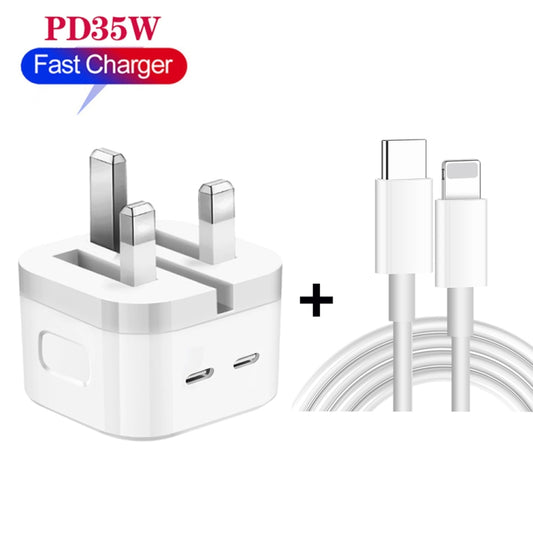 PD 35W Dual USB-C / Type-C Ports Charger with 1.5m Type-C to 8 Pin Data Cable, UK Plug by buy2fix