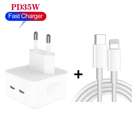 PD 35W Dual USB-C / Type-C Ports Charger with 1.5m Type-C to 8 Pin Data Cable, EU Plug by buy2fix