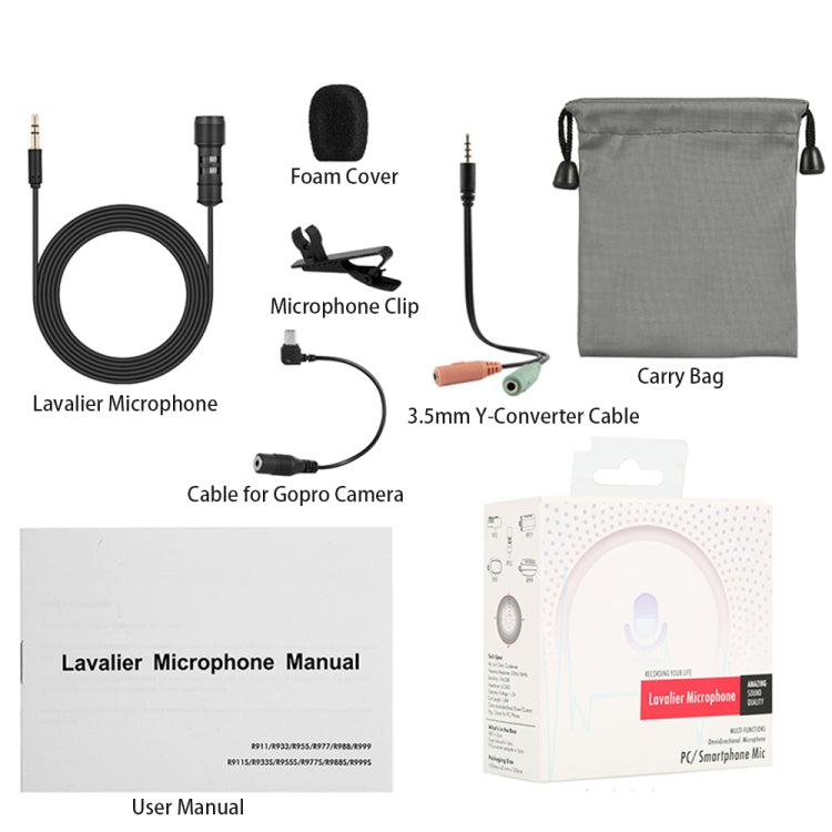 Yanmai R955 Mini Teaching Live Interview Wired Condenser Lavalier Lapel Microphone by Yanmai