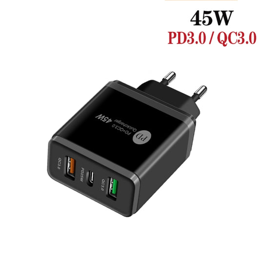 45W PD3.0 + 2 x QC3.0 USB Multi Port Charger with Type-C to 8 Pin Cable, EU Plug(Black) by buy2fix