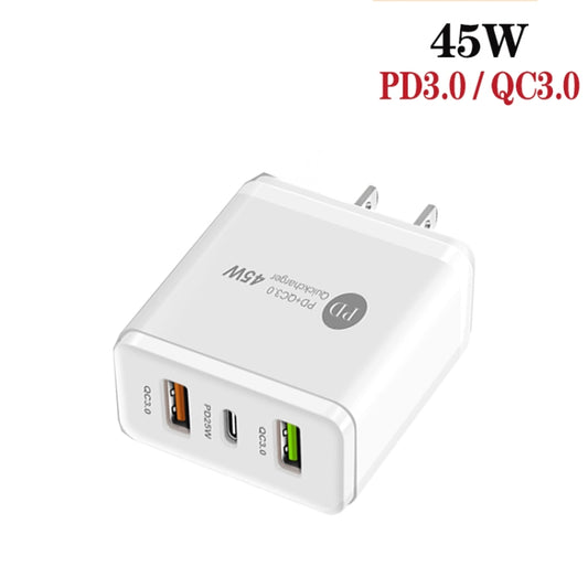45W PD3.0 + 2 x QC3.0 USB Multi Port Charger with Type-C to Type-C Cable, US Plug(White) by buy2fix