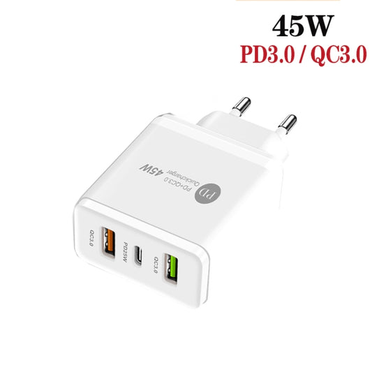45W PD3.0 + 2 x QC3.0 USB Multi Port Charger with Type-C to Type-C Cable, EU Plug(White) by buy2fix