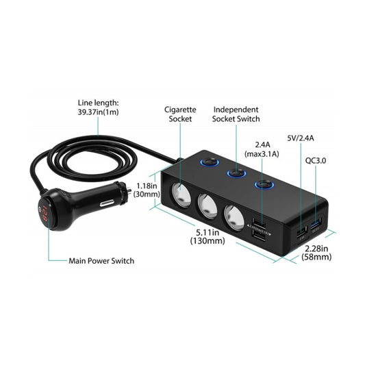 TR30 QC 3.0 Multifunctional 3 Cigarette Lighter High Power Car Charger by buy2fix