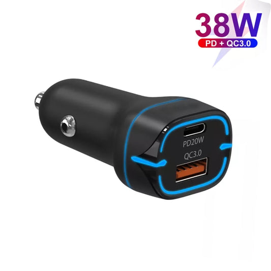 38W PD20W + QC3.0 USB Car Charger with USB to Type-C Data Cable, Length: 1m(Black) by buy2fix
