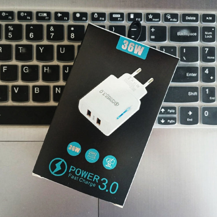 36W Dual Port QC3.0 USB Mobile Phone Charger Dual 18W Output, EU Plug(Black) by buy2fix