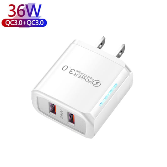 36W Dual Port QC3.0 USB Charger with 3A USB to Type-C Data Cable, US Plug(White) by buy2fix