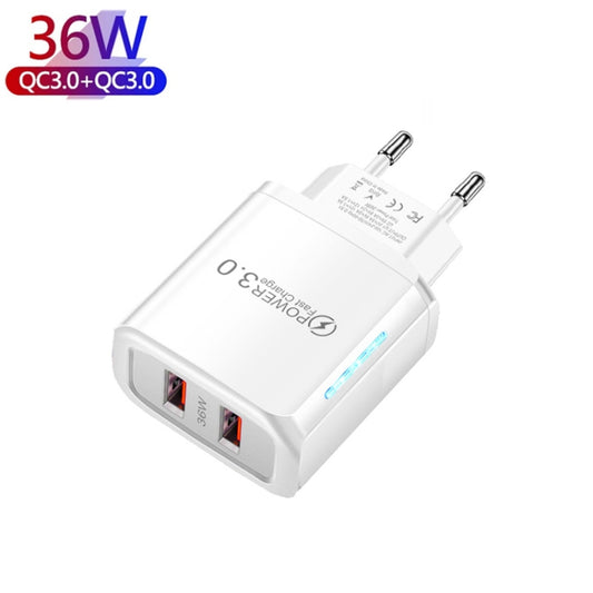 36W Dual Port QC3.0 USB Charger with 3A USB to Type-C Data Cable , EU Plug(White) by buy2fix