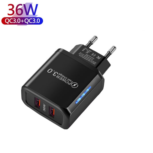 36W Dual Port QC3.0 USB Charger with 3A USB to Type-C Data Cable , EU Plug(Black) by buy2fix