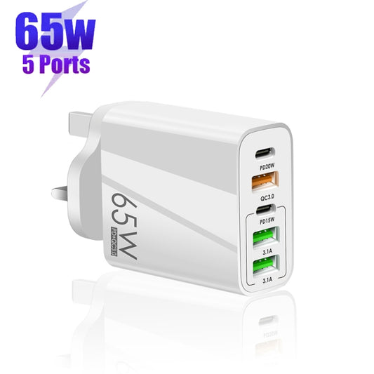 65W Dual PD Type-C + 3 x USB Multi Port Charger with 3A Type-C to Type-C Data Cable, UK Plug(White) by buy2fix
