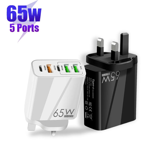 65W Dual PD Type-C + 3 x USB Multi Port Charger with 3A Type-C to 8 Pin Data Cable, UK Plug(Black) by buy2fix