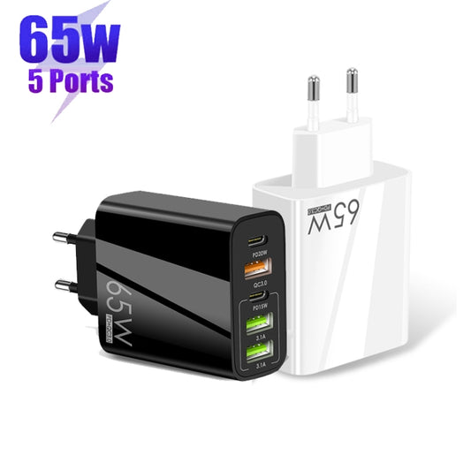 65W Dual PD Type-C + 3 x USB Multi Port Charger with 3A USB to 8 Pin Data Cable, EU Plug(White) by buy2fix