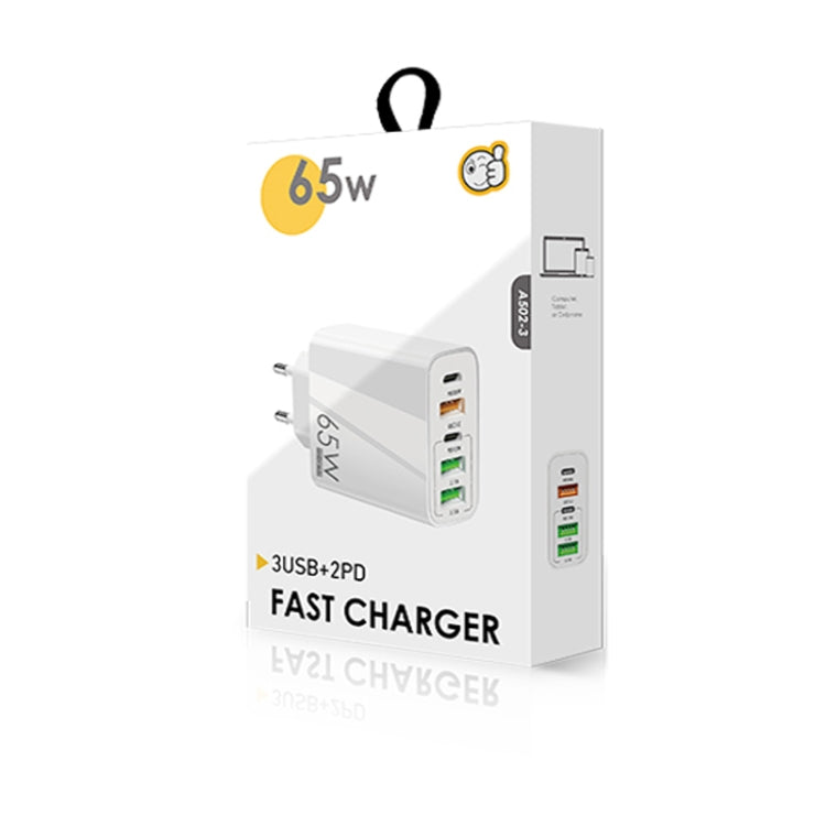 65W Dual PD Type-C + 3 x USB Multi Port Charger with 3A USB to Type-C Data Cable, EU Plug(White) by buy2fix