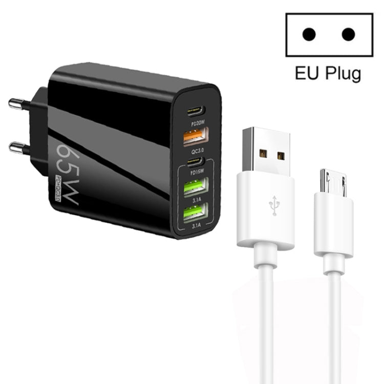 65W Dual PD Type-C + 3 x USB Multi Port Charger with 3A USB to Micro USB Data Cable, EU Plug(Black) - USB Charger by buy2fix | Online Shopping UK | buy2fix