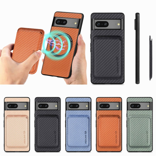For Google Pixel 7 Carbon Fiber Leather Card Magsafe Phone Case(Khaki) by buy2fix
