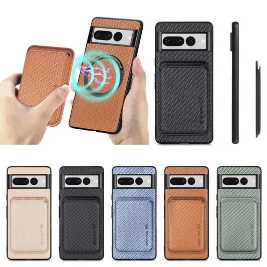For Google Pixel 7 Pro Carbon Fiber Leather Card Magsafe Phone Case(Khaki) by buy2fix