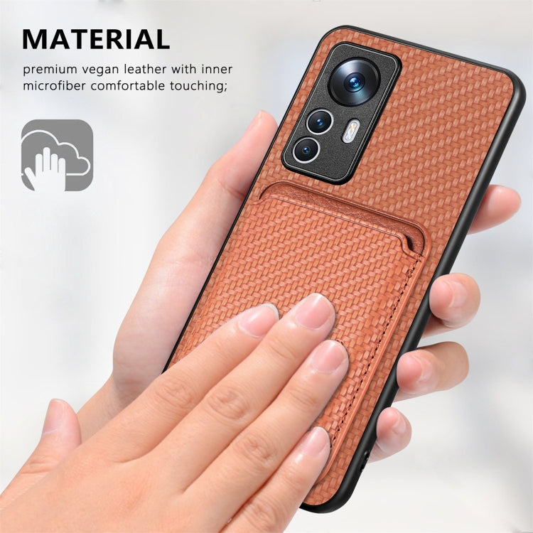 For Xiaomi 12T Carbon Fiber Leather Card Magsafe Phone Case(Brown) by buy2fix