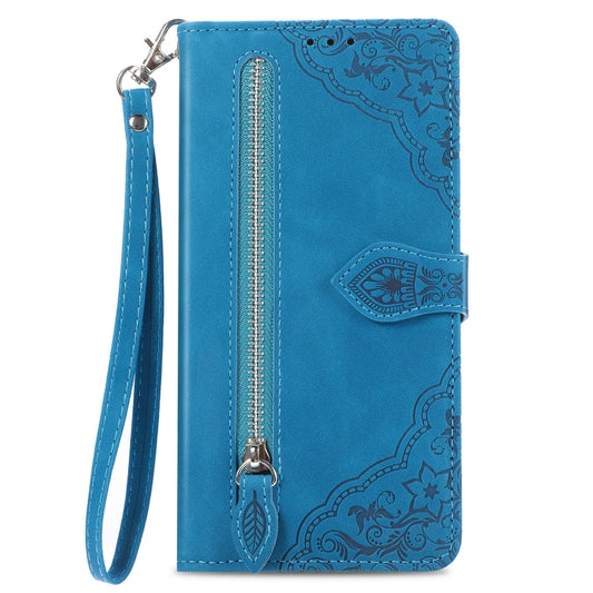 For Motorola Moto G32 Embossed Flower Zipper Leather Phone Case(blue) by buy2fix