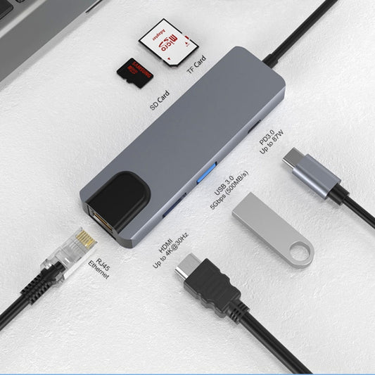 JUNSUNMAY 6 in 1 Type-C to 4K HDMI / Ethernet Docking Station Adapter PD Quick Charge Hub SD/TF Card Reader by JUNSUNMAY