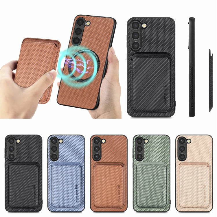 For Samsung Galaxy S23 5G Carbon Fiber Leather Card Magsafe Case(Khaki) by buy2fix