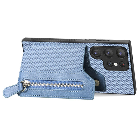 For Samsung Galaxy S23 Ultra 5G Carbon Fiber Flip Zipper Wallet Phone Case(Blue) by buy2fix