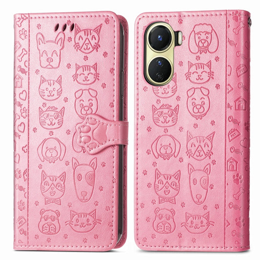 For vivo Y16 Cat and Dog Embossed Leather Phone Case(Pink) by buy2fix